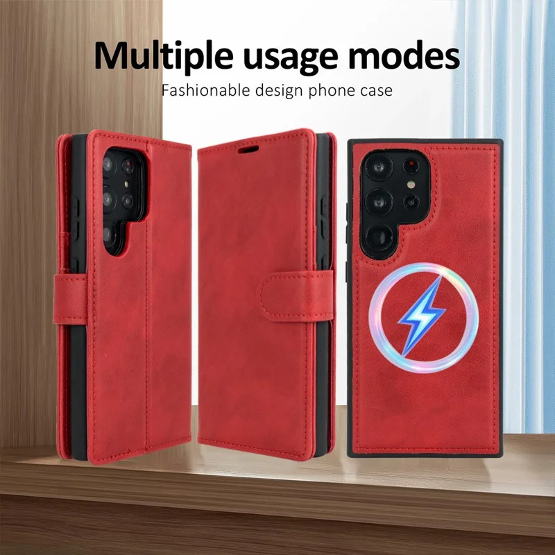 Großeinkauf für Samsung Galaxy S24 Ultra Magnetische Hülle mit 3 Kartenfächern Abnehmbarer Leder Flip Handyhülle - Rot