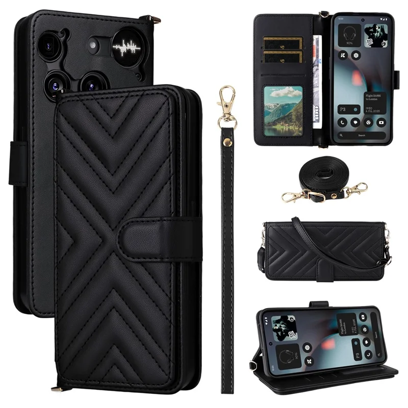 For Nothing Phone (3) 5G Case with Shoulder /  Wrist Strap Leather Phone Cover Stand Wallet - Black