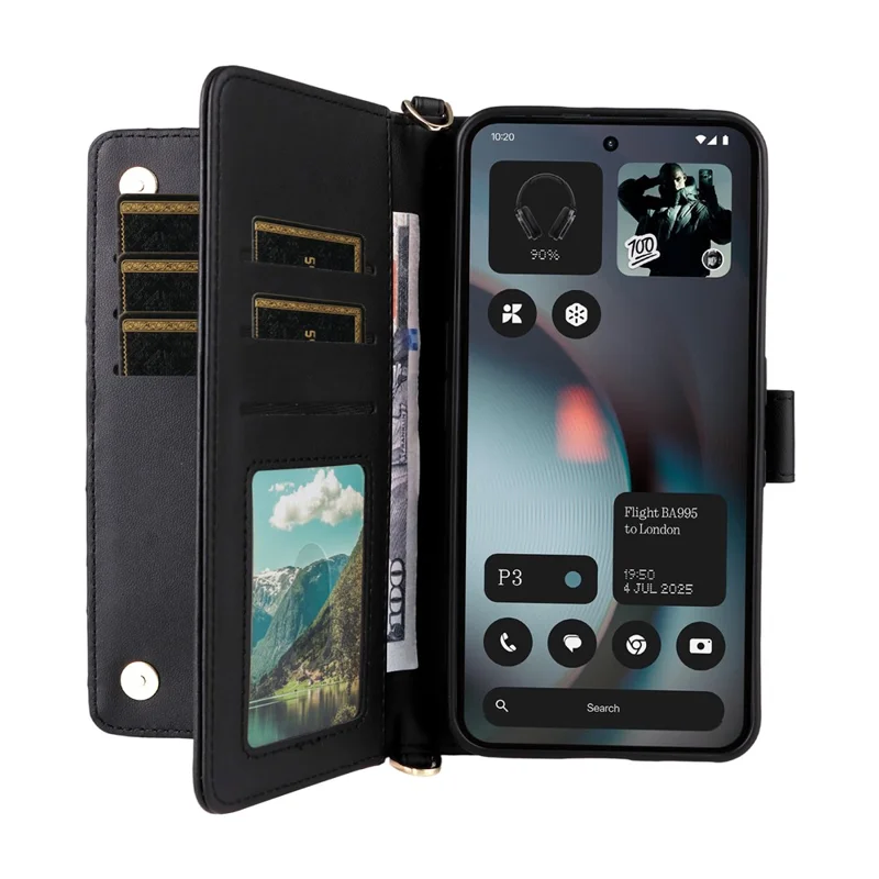 For Nothing Phone (3) 5G Case with Shoulder /  Wrist Strap Leather Phone Cover Stand Wallet - Black