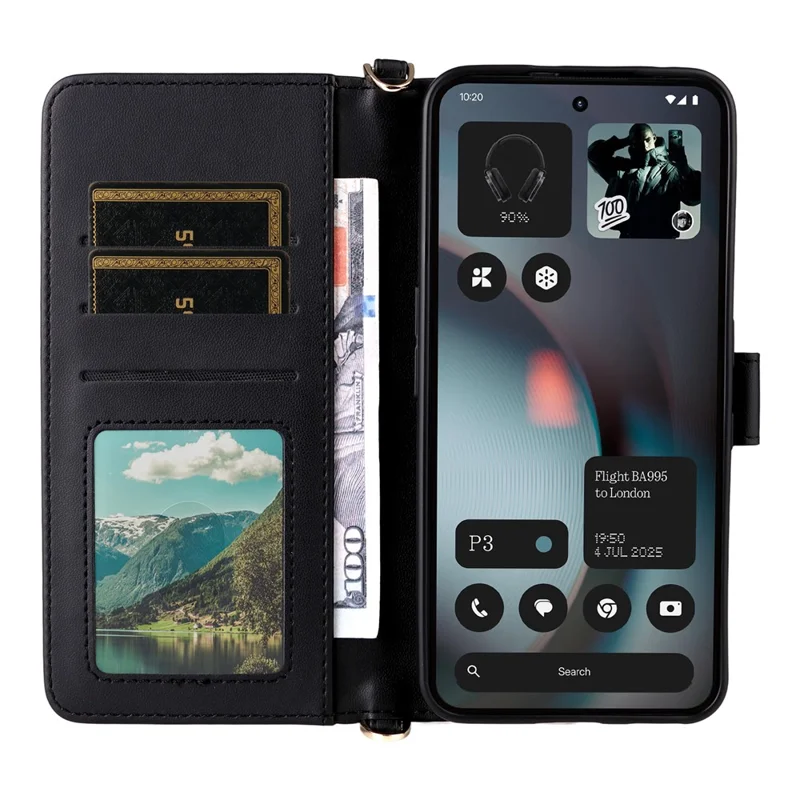 For Nothing Phone (3) 5G Case with Shoulder /  Wrist Strap Leather Phone Cover Stand Wallet - Black