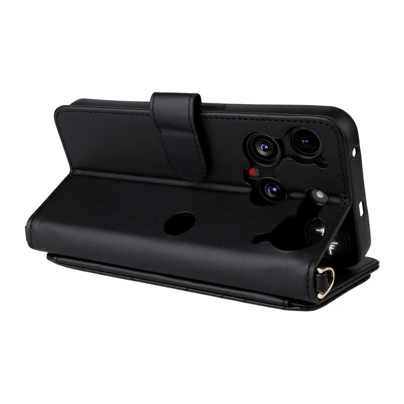 For Nothing Phone (3) 5G Case with Shoulder /  Wrist Strap Leather Phone Cover Stand Wallet - Black