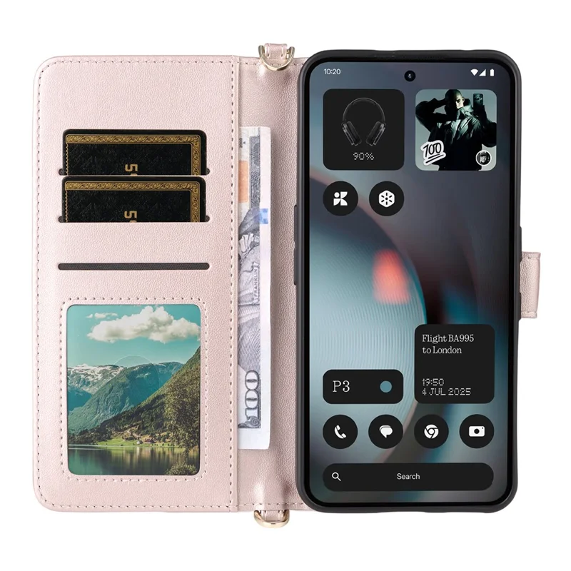 For Nothing Phone (3) 5G Case with Shoulder /  Wrist Strap Leather Phone Cover Stand Wallet - Pink