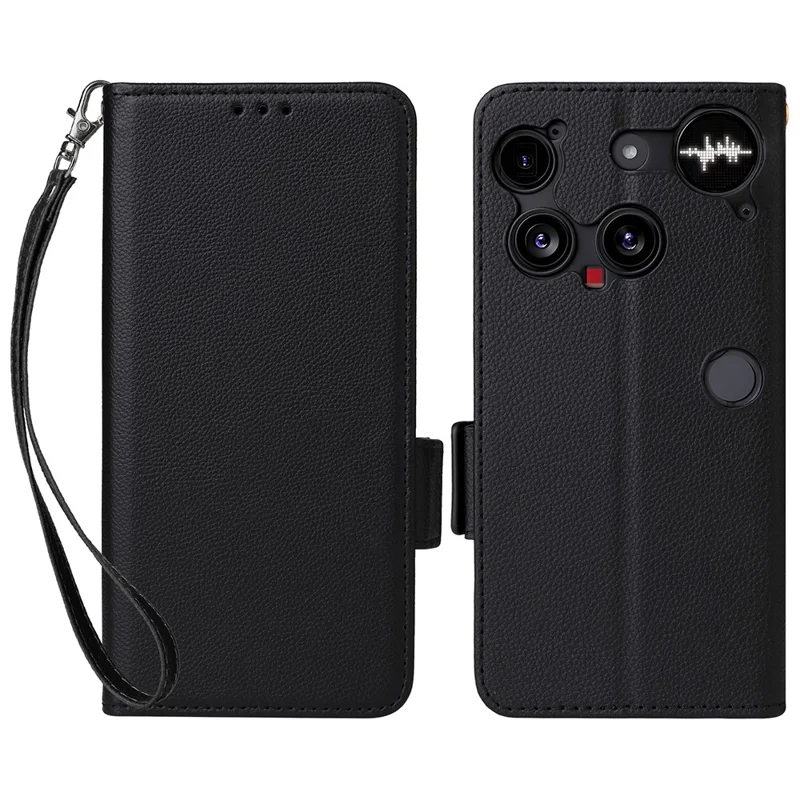 For Nothing Phone (3) 5G Case with Wrist Strap Litchi Texture PU Leather Wallet Phone Cover - Black