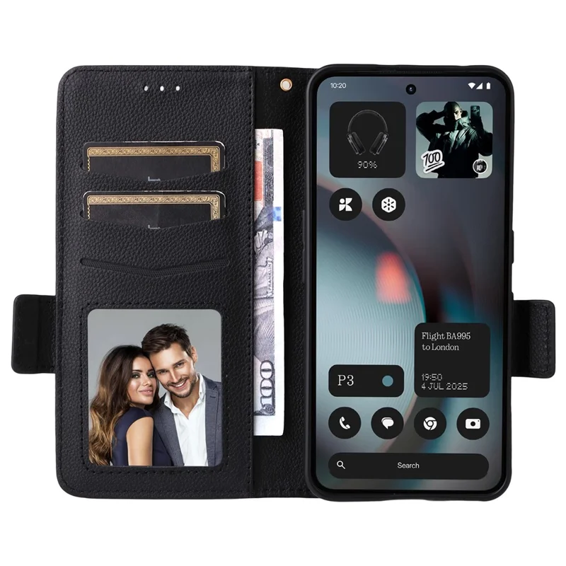 For Nothing Phone (3) 5G Case with Wrist Strap Litchi Texture PU Leather Wallet Phone Cover - Black