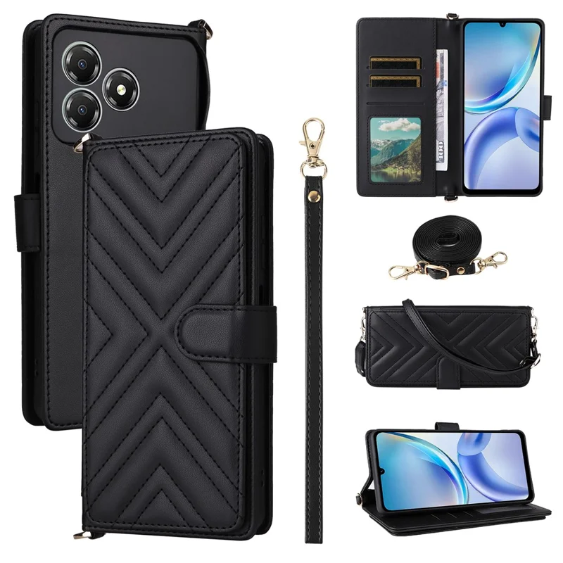 For ZTE Blade A36 / nubia A36 Case with Shoulder / Wrist Strap Leather Phone Cover Stand Wallet - Black