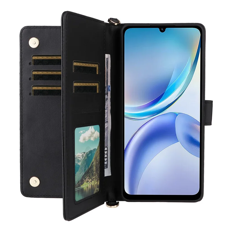 For ZTE Blade A36 / nubia A36 Case with Shoulder / Wrist Strap Leather Phone Cover Stand Wallet - Black