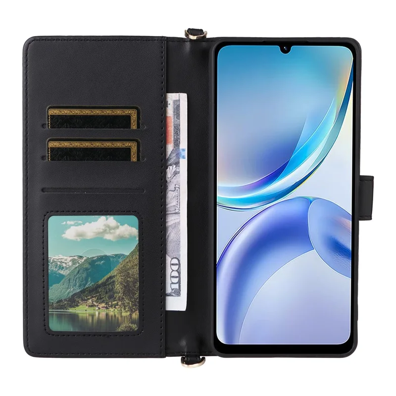 For ZTE Blade A36 / nubia A36 Case with Shoulder / Wrist Strap Leather Phone Cover Stand Wallet - Black