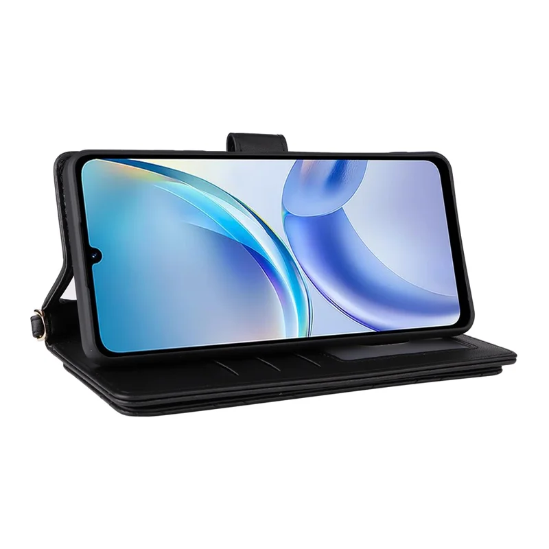 For ZTE Blade A36 / nubia A36 Case with Shoulder / Wrist Strap Leather Phone Cover Stand Wallet - Black