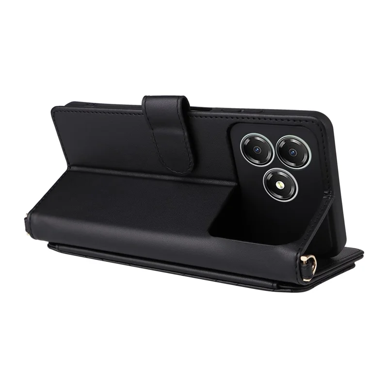 For ZTE Blade A36 / nubia A36 Case with Shoulder / Wrist Strap Leather Phone Cover Stand Wallet - Black