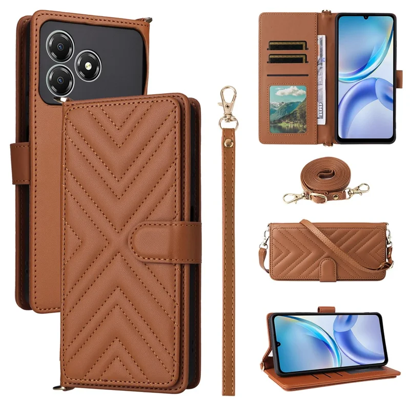 For ZTE Blade A36 / nubia A36 Case with Shoulder / Wrist Strap Leather Phone Cover Stand Wallet - Brown