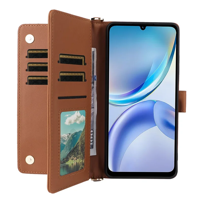 For ZTE Blade A36 / nubia A36 Case with Shoulder / Wrist Strap Leather Phone Cover Stand Wallet - Brown