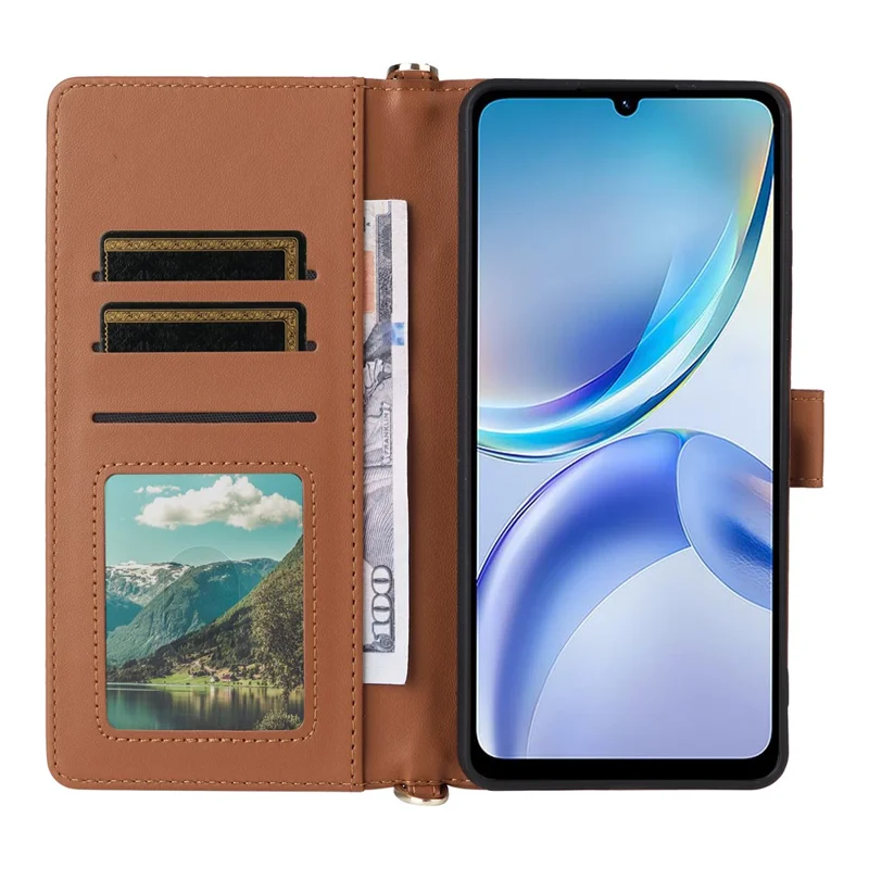 For ZTE Blade A36 / nubia A36 Case with Shoulder / Wrist Strap Leather Phone Cover Stand Wallet - Brown