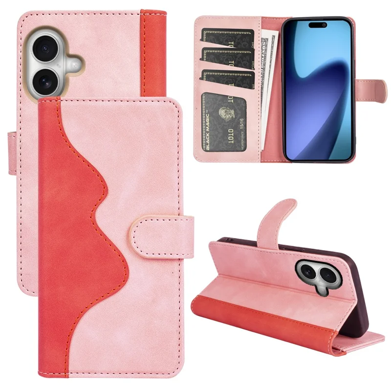 For iPhone 17 Wallet Case Leather Phone Cover Splicing Color - Pink