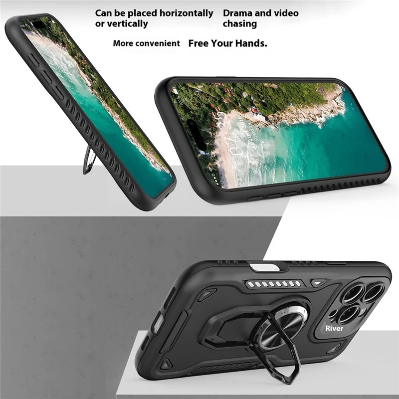 For iPhone 16 Pro Case with Kickstand Shockproof TPU + PC Phone Back Cover - Black