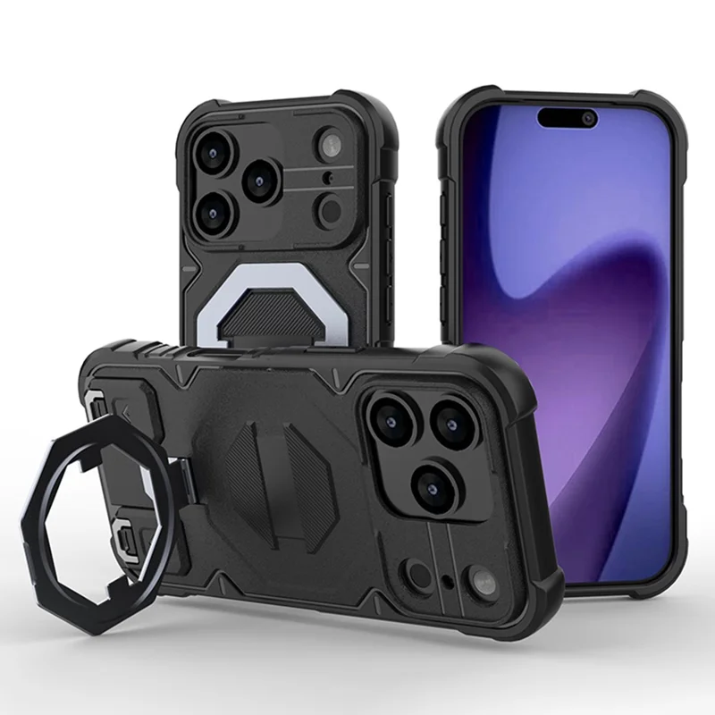 For iPhone 17 Pro Case Compatible with MagSafe PC + TPU Kickstand Phone Cover with Lanyard - Black