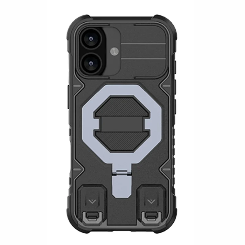 Чехол для iPhone 17, совместимый с MagSafe, PC + TPU с подставкой и ремешком - Черный