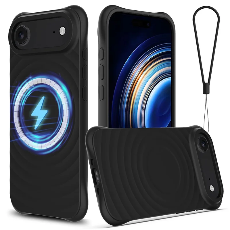Чехол для iPhone 17 Air с совместимостью с MagSafe, с волнистой текстурой, из жидкого силикона, с ремешком - Черный
