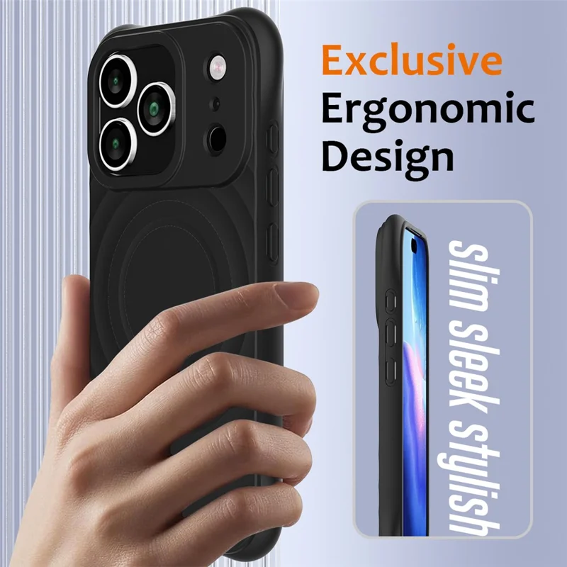 For iPhone 17 Pro Case Compatible with MagSafe Ripple Texture Liquid Silicone Protective Cover with Strap - Black