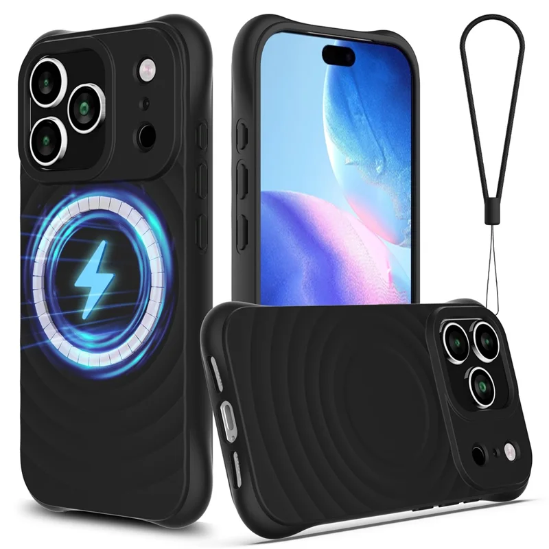 For iPhone 17 Pro Max Case Compatible with MagSafe Ripple Texture Liquid Silicone Protective Cover with Strap - Black