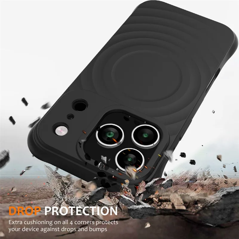 For iPhone 17 Pro Max Case Compatible with MagSafe Ripple Texture Liquid Silicone Protective Cover with Strap - Black