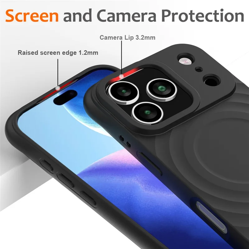 For iPhone 17 Pro Max Case Compatible with MagSafe Ripple Texture Liquid Silicone Protective Cover with Strap - Black