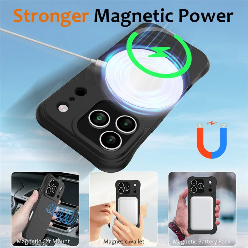 For iPhone 17 Pro Max Case Compatible with MagSafe Ripple Texture Liquid Silicone Protective Cover with Strap - Black