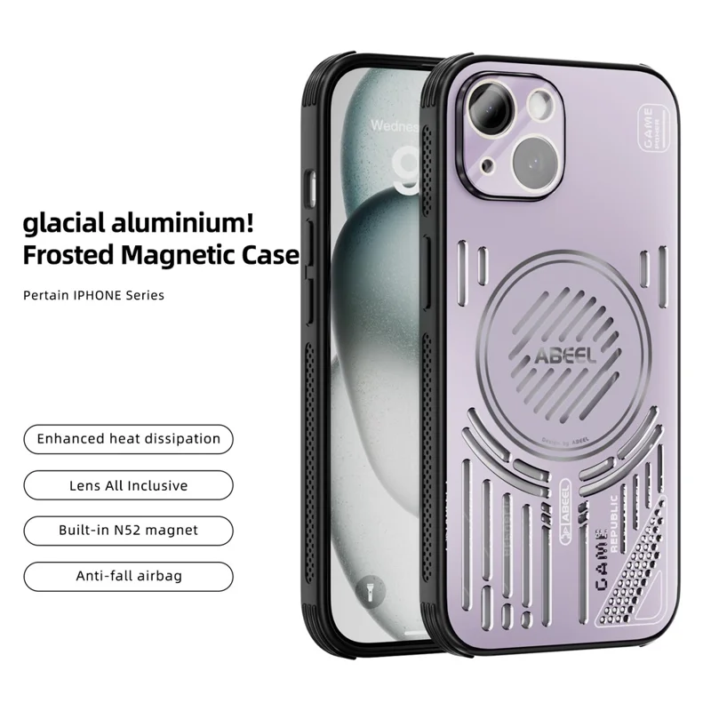 ABEEL For iPhone 14 Magnetic Case Aluminium Alloy + PC + TPU Hollow Heat Dissipation Phone Cover - Pink Purple