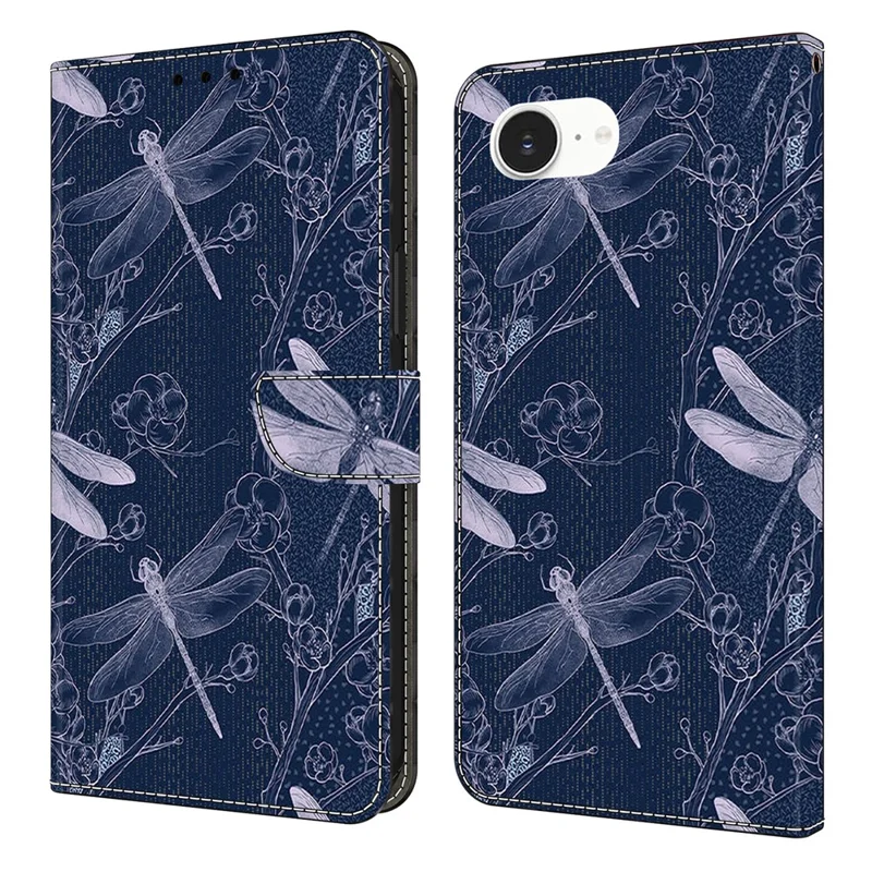 For iPhone 16e Wallet Case Pattern Printing PU Leather Flip Stand Phone Cover - Dragonfly