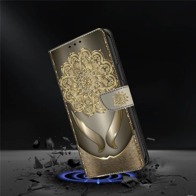 Für Samsung Galaxy S25 Edge Wallet Hülle mit Muster-Druck PU-Leder Flip Ständer Handyhülle - Glänzende goldene Blumen