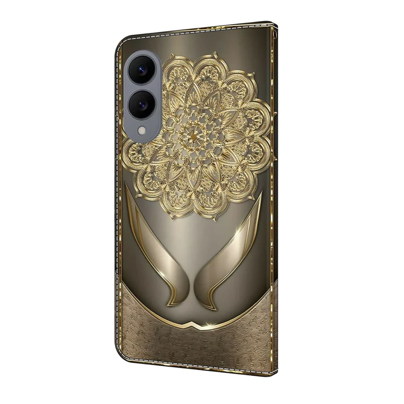 Für Samsung Galaxy S25 Edge Wallet Hülle mit Muster-Druck PU-Leder Flip Ständer Handyhülle - Glänzende goldene Blumen
