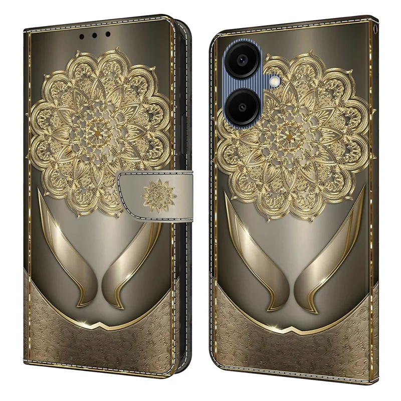 Pour Samsung Galaxy A07 4G Étui portefeuille Impression de motif Cuir PU Flip Stand Housse de téléphone - Fleurs dorées brillantes