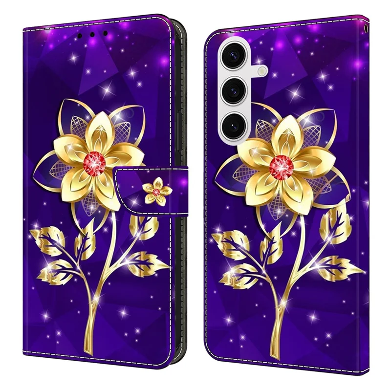 Étui portefeuille pour Samsung Galaxy S25+ à motif imprimé en cuir PU avec support rabattable - Fleurs dorées sur fond violet