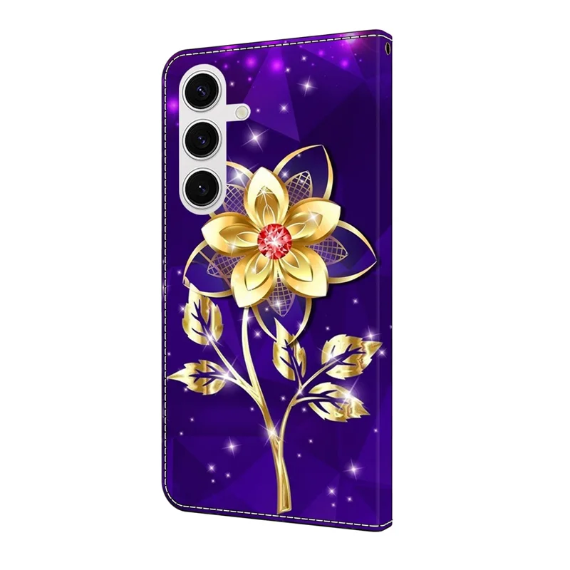 Étui portefeuille pour Samsung Galaxy S25+ à motif imprimé en cuir PU avec support rabattable - Fleurs dorées sur fond violet