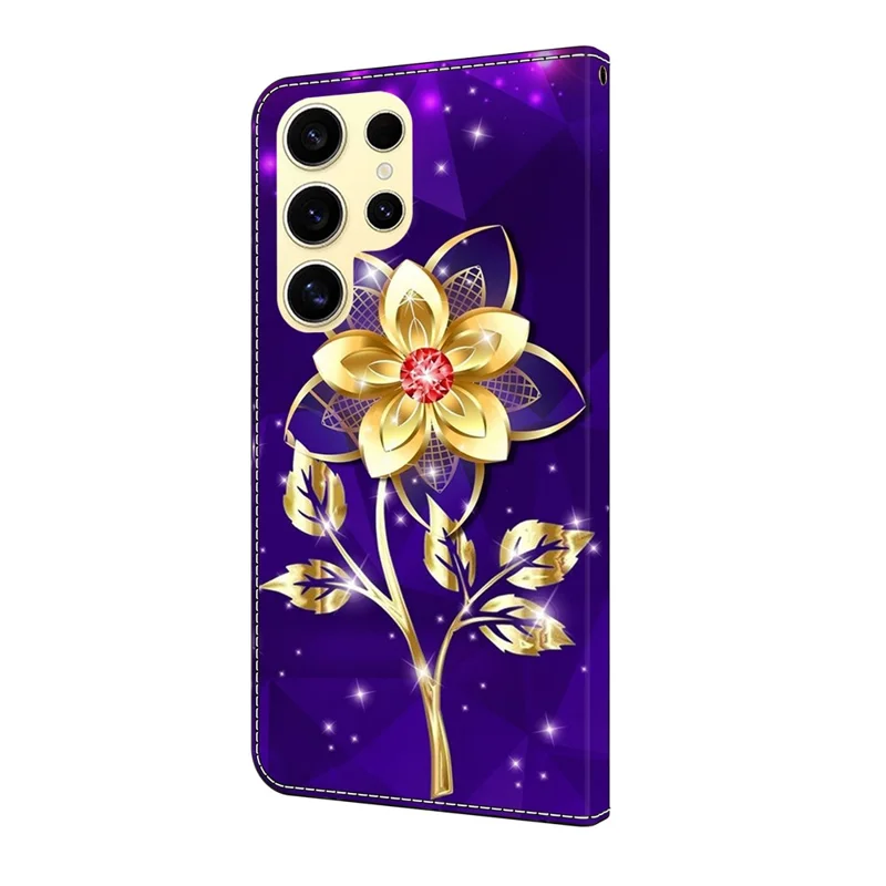 For Samsung Galaxy S25 Ultra Wallet Case Pattern Printing PU Leather Flip Stand Phone Cover - Golden Flowers on Purple
