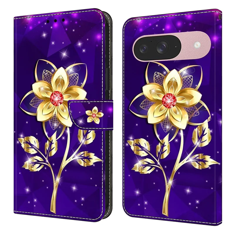 For Google Pixel 9 Pro  /  Pixel 9 Wallet Case Pattern Printing PU Leather Flip Stand Phone Cover - Golden Flowers on Purple