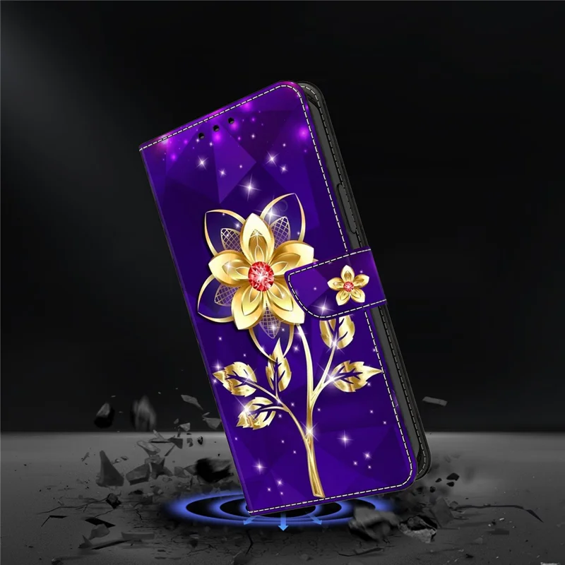 For Google Pixel 9 Pro  /  Pixel 9 Wallet Case Pattern Printing PU Leather Flip Stand Phone Cover - Golden Flowers on Purple