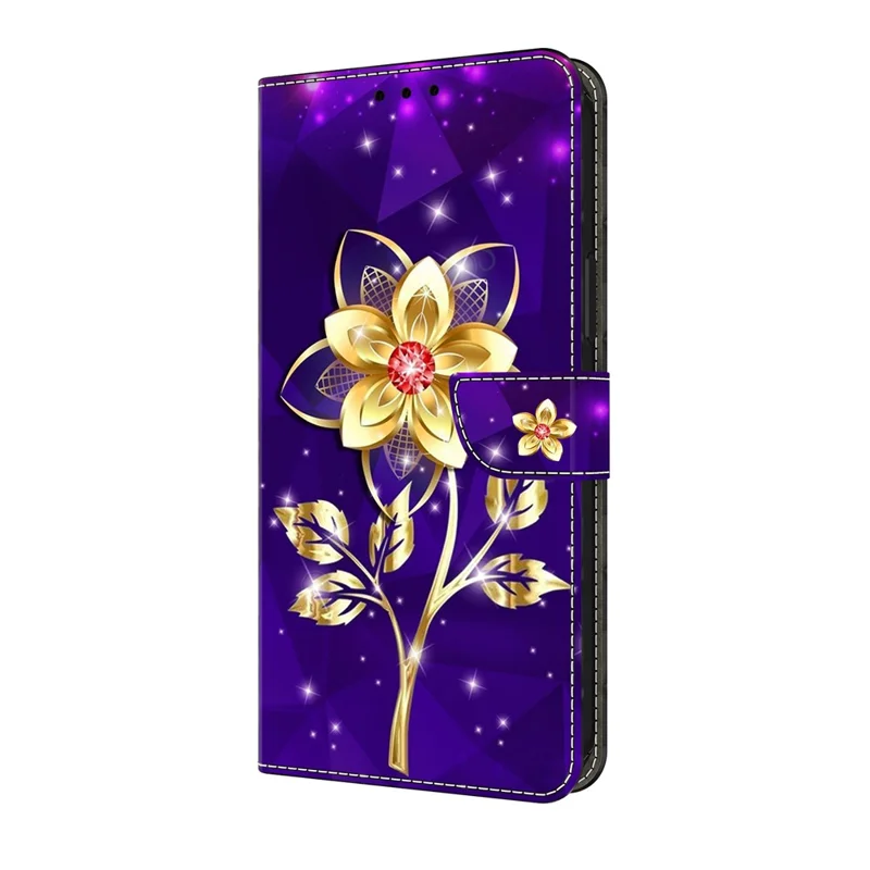 For Google Pixel 9 Pro XL Wallet Case Pattern Printing PU Leather Flip Stand Phone Cover - Golden Flowers on Purple