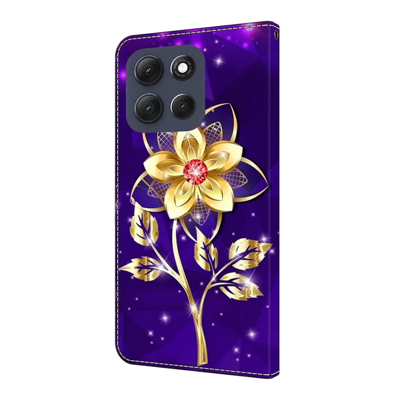 For Motorola Moto G86 5G Wallet Case Pattern Printing PU Leather Flip Stand Phone Cover - Golden Flowers on Purple