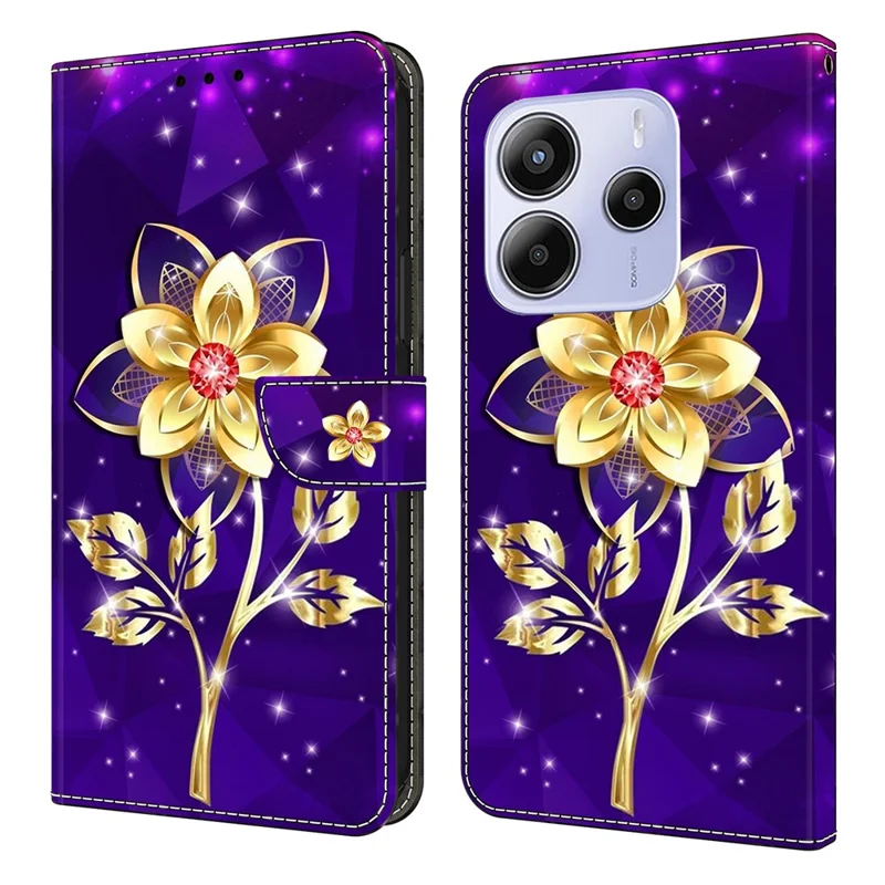 For Xiaomi Redmi Note 14 5G Wallet Case Pattern Printing PU Leather Flip Stand Phone Cover - Golden Flowers on Purple