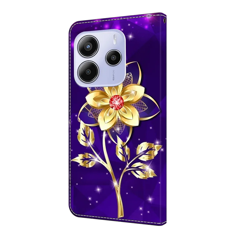 For Xiaomi Redmi Note 14 5G Wallet Case Pattern Printing PU Leather Flip Stand Phone Cover - Golden Flowers on Purple