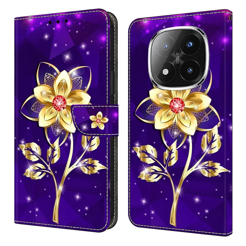 Для Xiaomi Redmi Note 14 Pro+ 5G Чехол-книжка с узором Печатный PU кожаный флип-стенд Чехол для телефона - Золотые цветы на фиолетовом