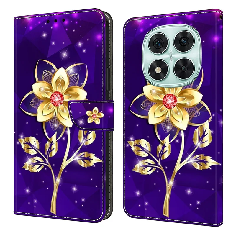 For Xiaomi Redmi Note 14 Pro 4G Wallet Case Pattern Printing PU Leather Flip Stand Phone Cover - Golden Flowers on Purple