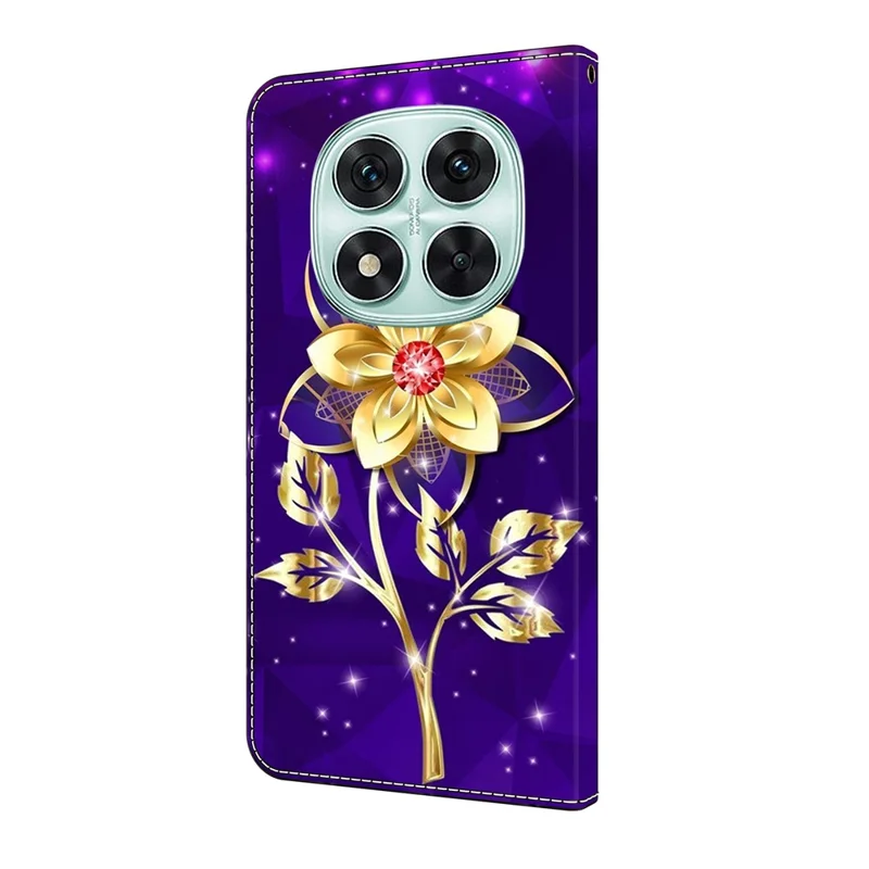 For Xiaomi Redmi Note 14 Pro 4G Wallet Case Pattern Printing PU Leather Flip Stand Phone Cover - Golden Flowers on Purple