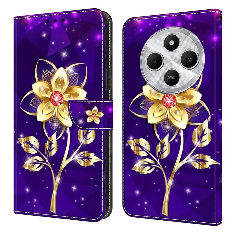 Brieftasche Hülle für Xiaomi Poco C75 4G / Redmi 14R 5G / 14C 4G Muster Druck PU Leder Flip Ständer Handy Hülle - Goldene Blumen auf Lila
