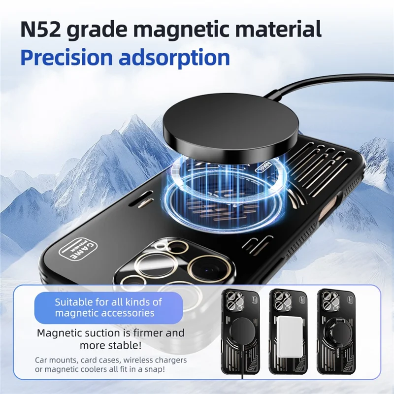 ABEEL For iPhone 16 Pro Max Magnetic Case Aluminium Alloy + PC + TPU Hollow Heat Dissipation Phone Cover - Black