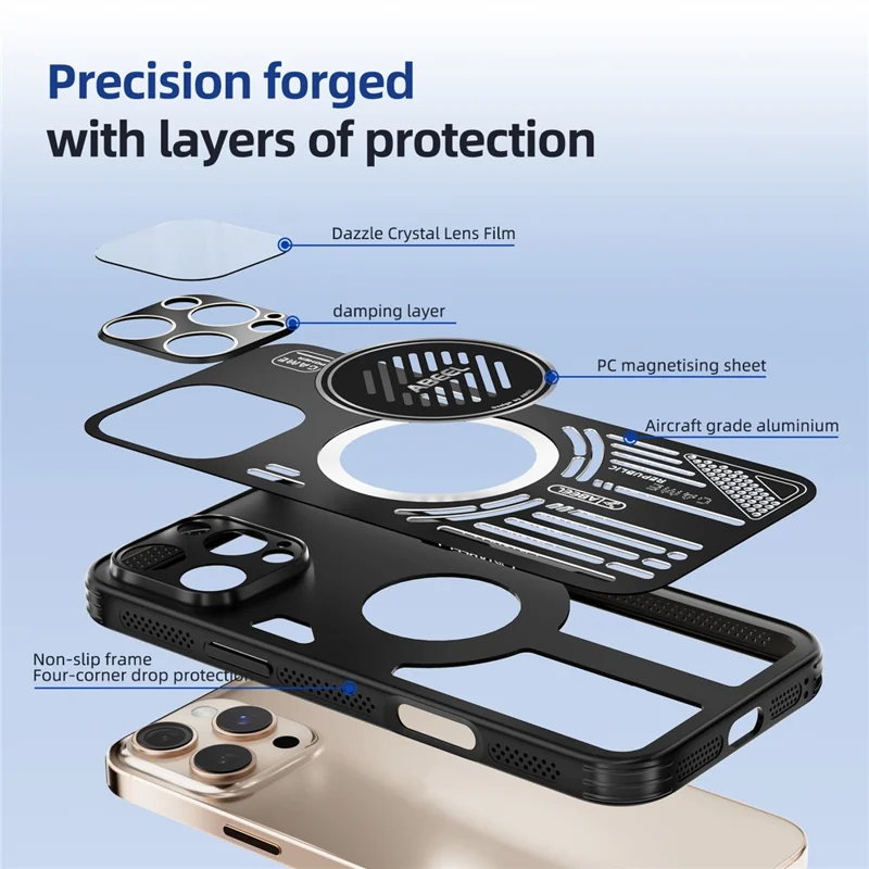 ABEEL For iPhone 16 Pro Max Magnetic Case Aluminium Alloy + PC + TPU Hollow Heat Dissipation Phone Cover - Black