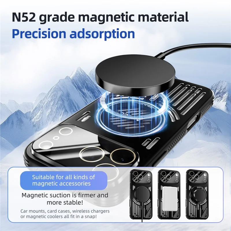 ABEEL For iPhone 17 Pro Max Magnetic Case Aluminium Alloy + PC + TPU Hollow Heat Dissipation Phone Cover - Black