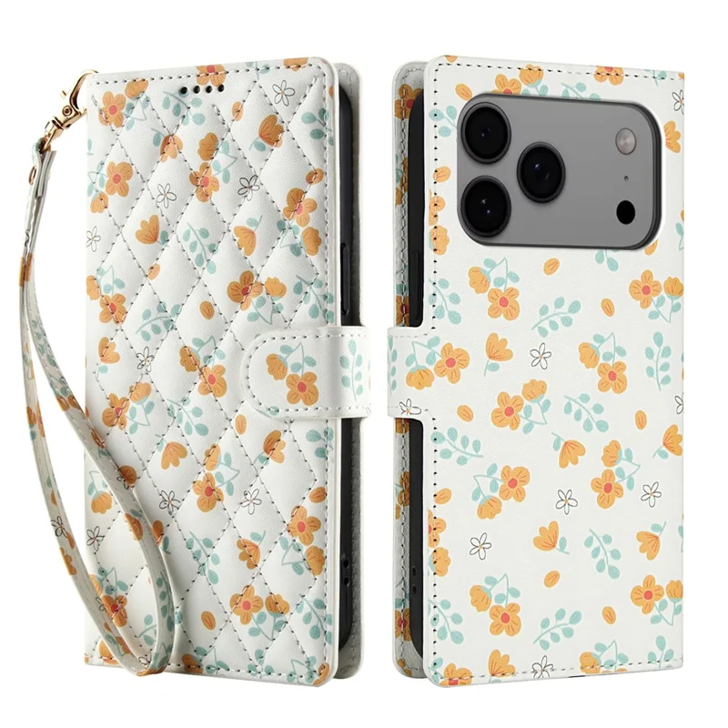 Funda tipo cartera para iPhone 17 Pro con diseño floral romboidal de cuero y correa - A3