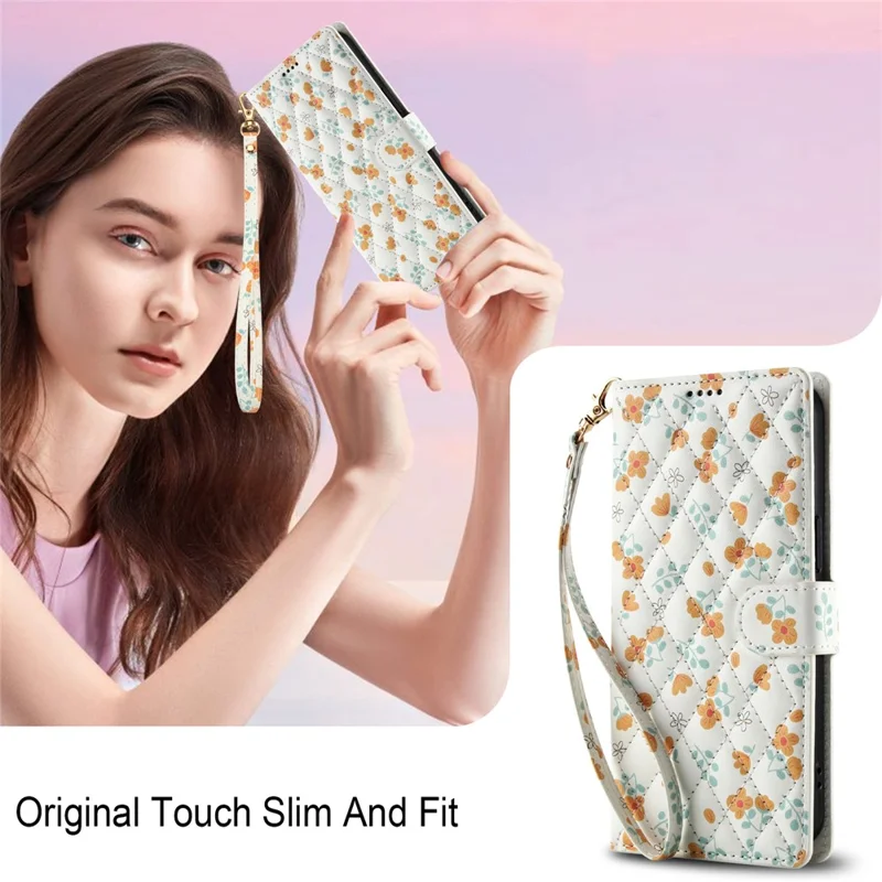 Funda tipo cartera para iPhone 17 Pro con diseño floral romboidal de cuero y correa - A3