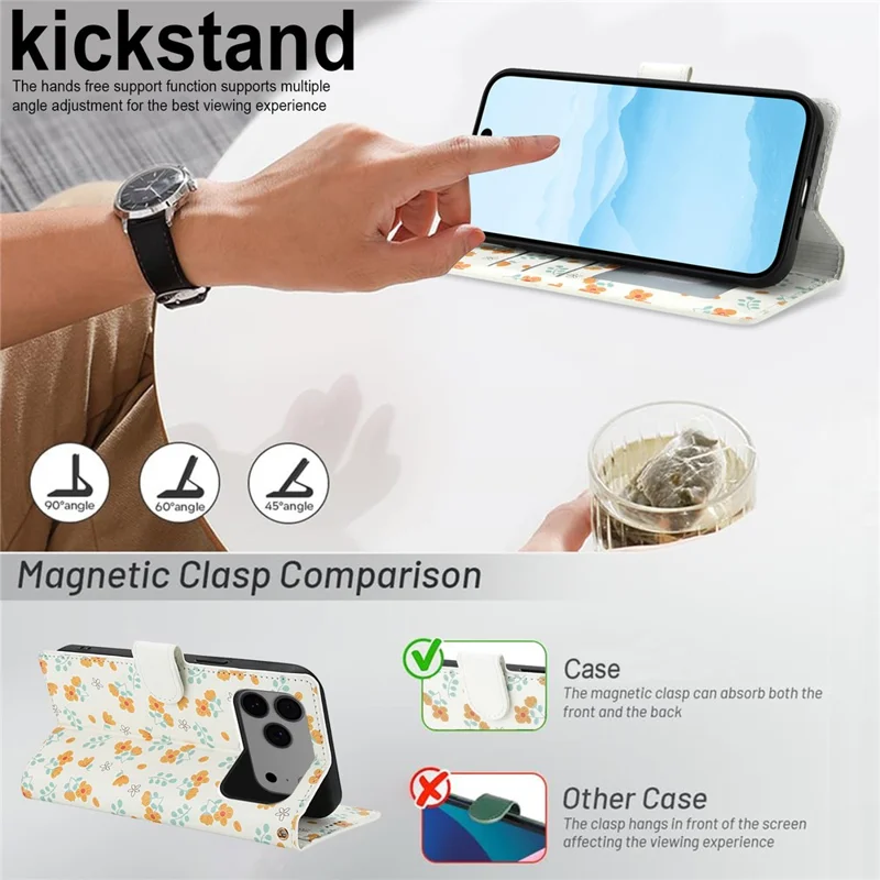 Funda tipo cartera para iPhone 17 Pro con diseño floral romboidal de cuero y correa - A3